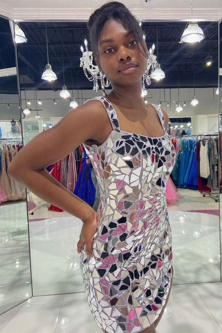 Koscy Square Neck Silver Cut Mirror Sequin Bodycon Homecoming Dress