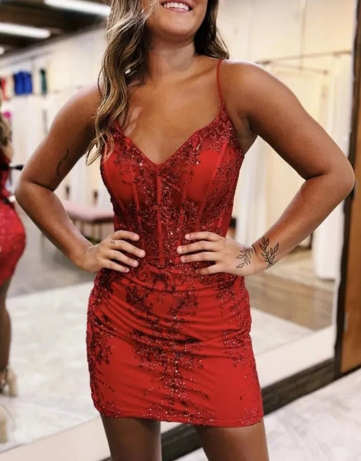 Koscy Sheath V-neck Spaghetti Straps Bodice Mini Short Homecoming Dress