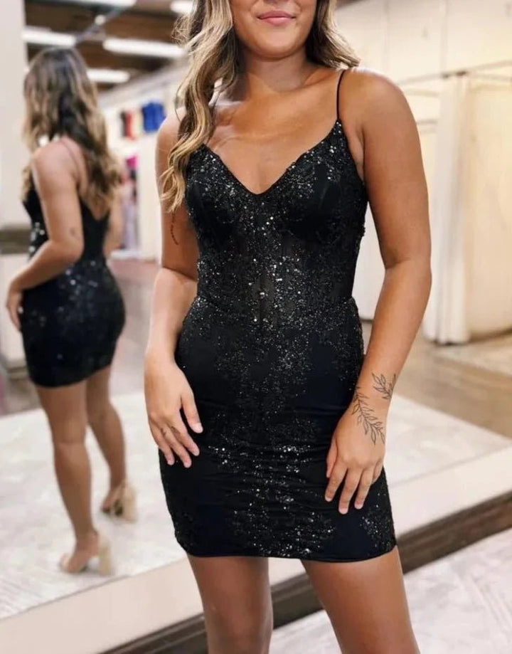 Koscy Sheath V-neck Spaghetti Straps Bodice Mini Short Homecoming Dress