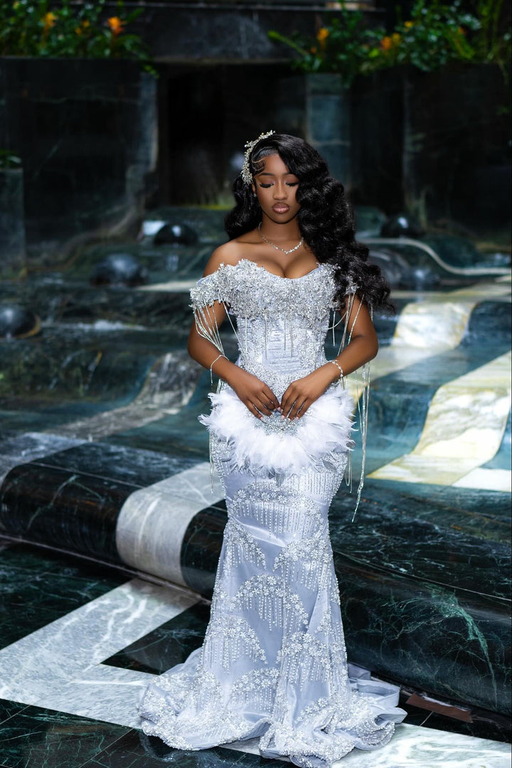 white and silver mermaid prom dresses White Mermaid Sequins Backless Slit Prom Dresses, Long Formal Dress, MP756
