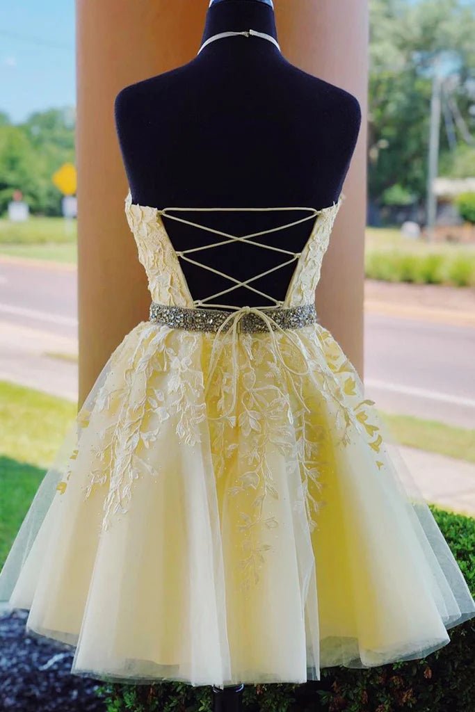 Koscy Halter Neck Short Purple Lace Homecoming Dress
