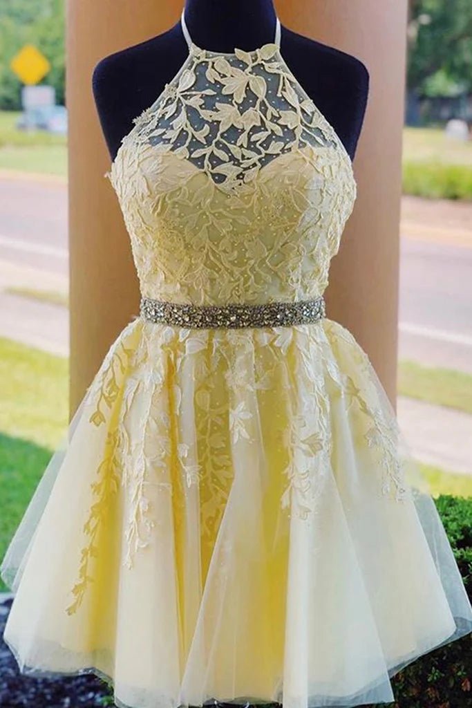 Koscy Halter Neck Short Purple Lace Homecoming Dress