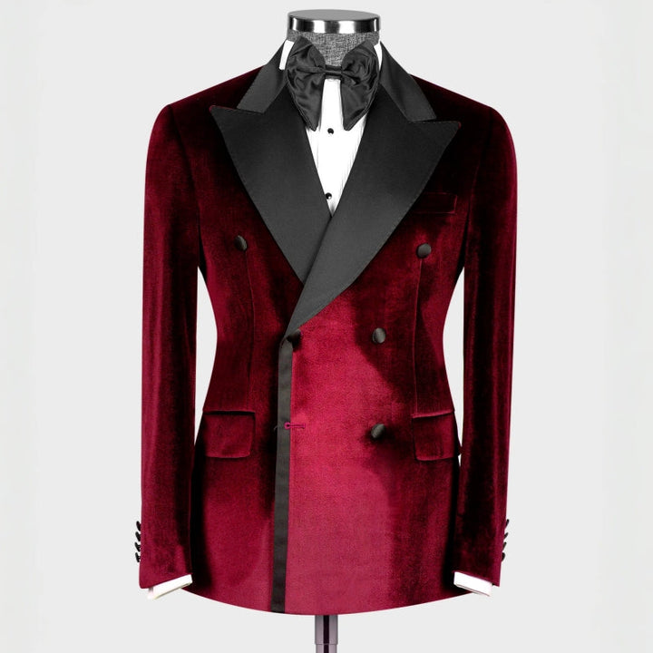 Harriet Gorgeous Burgundy Double-Breasted Velvet Peaked Lapel Prom Suit