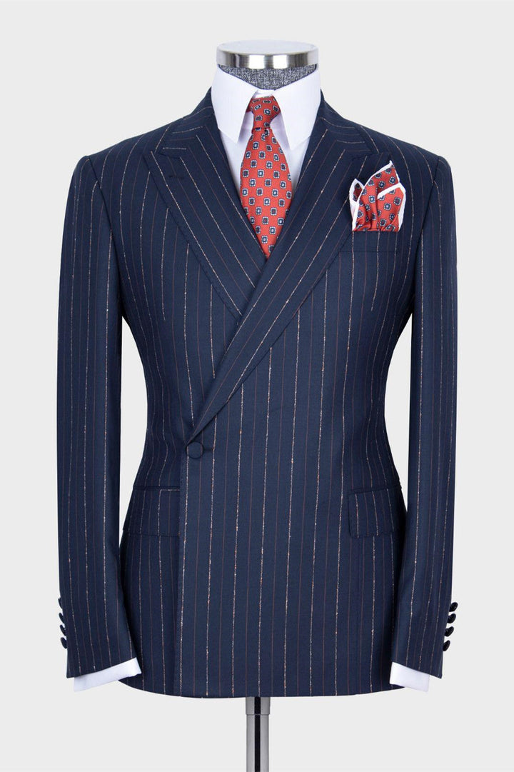 Hugo Stylish Navy Two-Piece Striped One Button Suit with Peaked Lapel