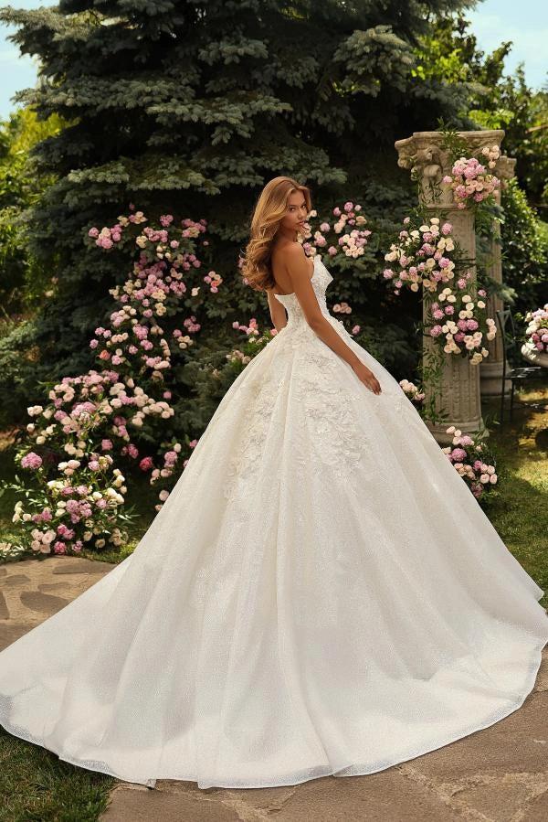 beaded lace and tulle ball gown wedding dress 44591: Strapless Basque Waist Tulle Ball Gown with 3-D Beaded Lace