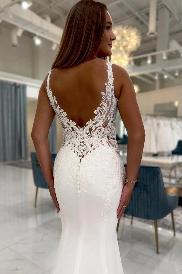 Ivory Mermaid Wedding Dress Deep V Neck Illusion Baroque Lace Bodice Crepe Skirt Cathedral Train