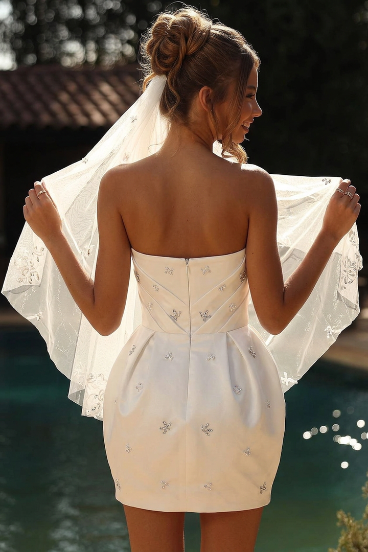 short bubble wedding dresses Off-the-shoulder mini satin wedding dress
