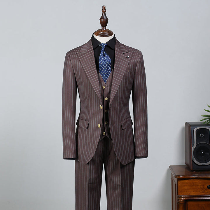 Les Popular Brown Striped Peak Lapel Slim Fit Business Suit
