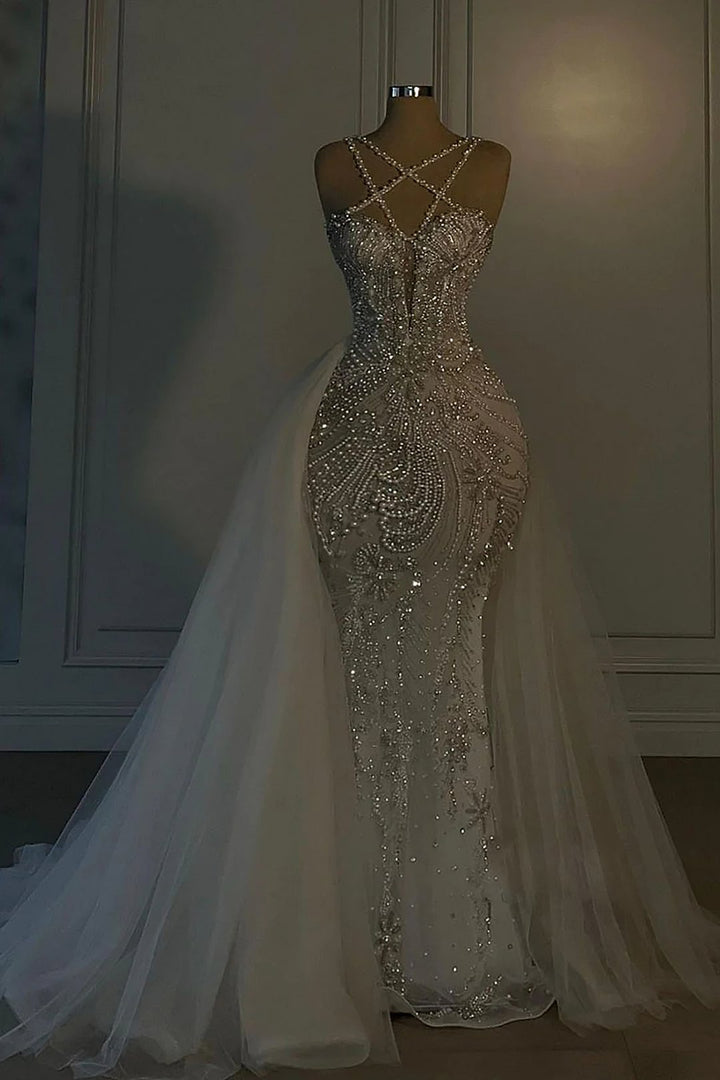 Luxurious Long Mermaid V-neck Spaghetti Strap Heavy Beaded Wedding Dress
