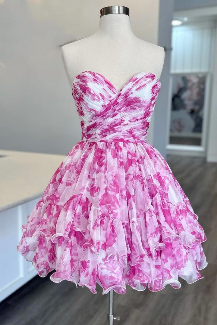Koscy Blue Print Sweetheart Ruffle Homecoming Dress