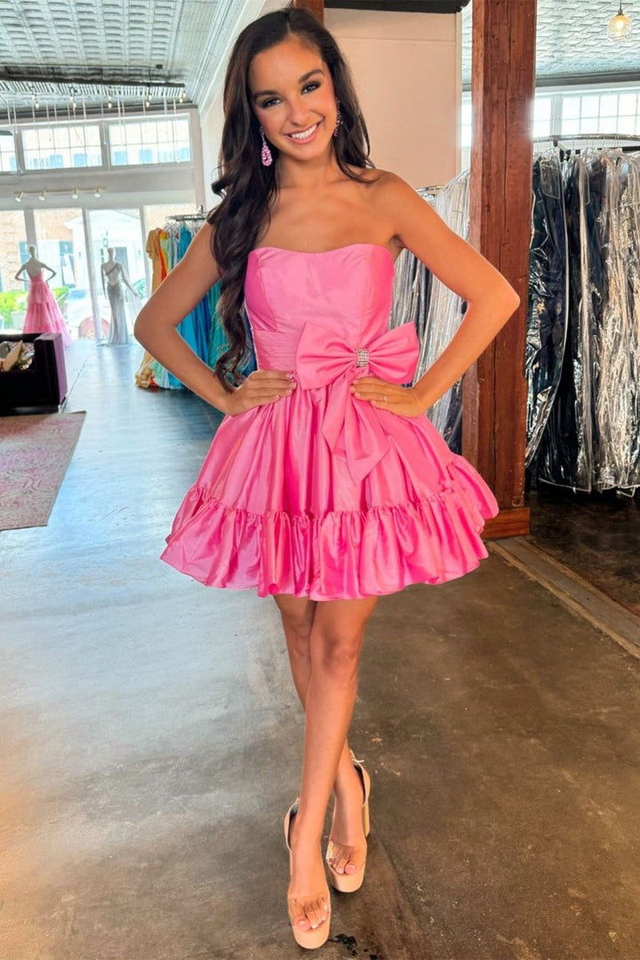 Koscy Pink Strapless Ruffle Homecoming Dress with Bow