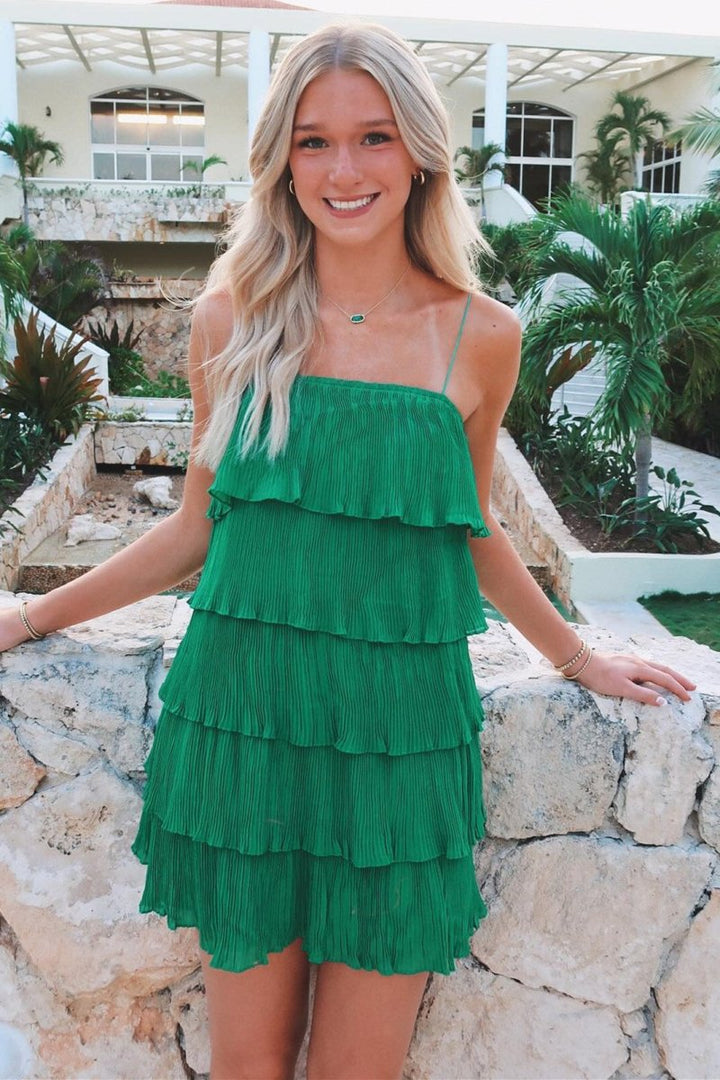 Koscy Green Spaghetti Strap Ruffle Tiered Pleated Party Dress