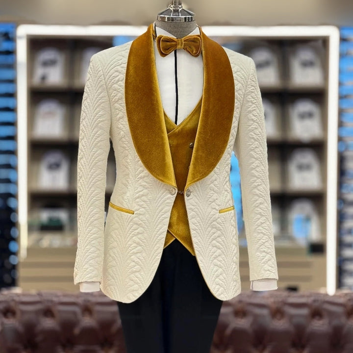 Mick Classic White Jacquard Three-Piece Wedding Suit with Gold Velvet Lapel