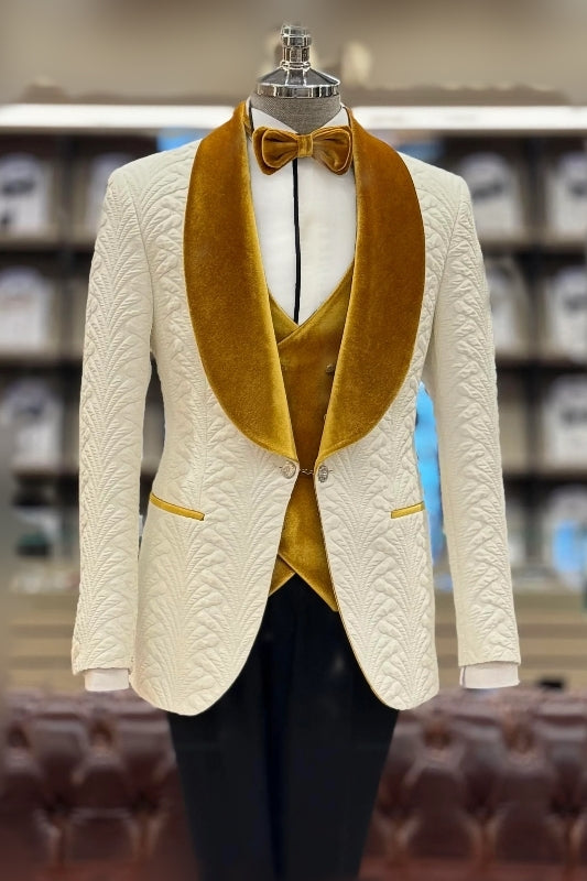 Mick Classic White Jacquard Three-Piece Wedding Suit with Gold Velvet Lapel