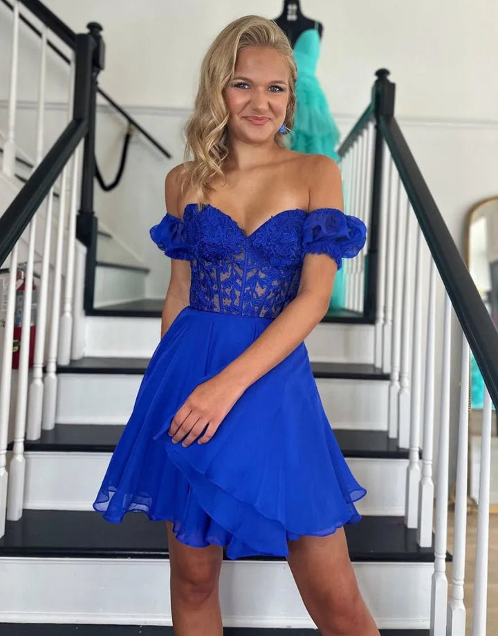 Koscy A Line Lace Off the Shoulder Homecoming Dress with Appliques