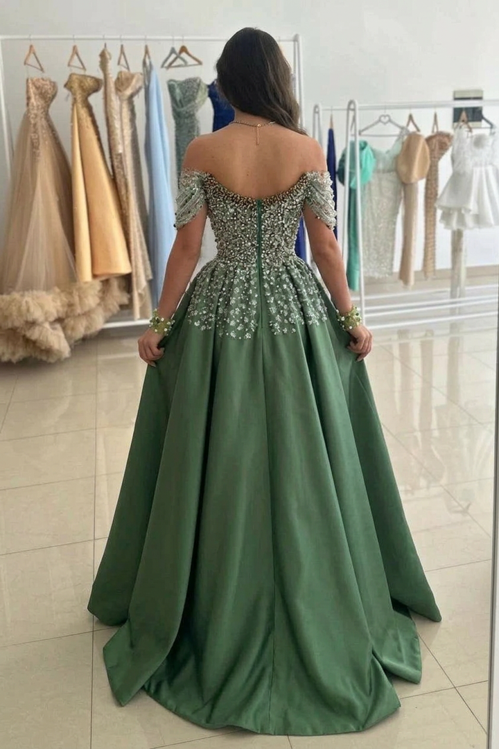 Olive Green Satin Off Shoulder Ball Gown Prom Dress Pearl Crystal Beaded Corset Sequin Floral Skirt