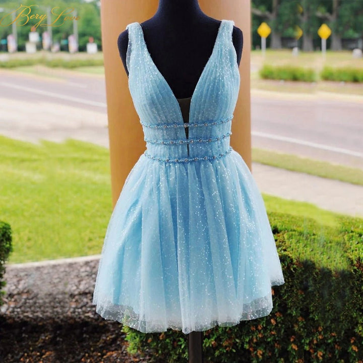 Koscy A Line Tulle V Neck Homecoming Dress With Beading