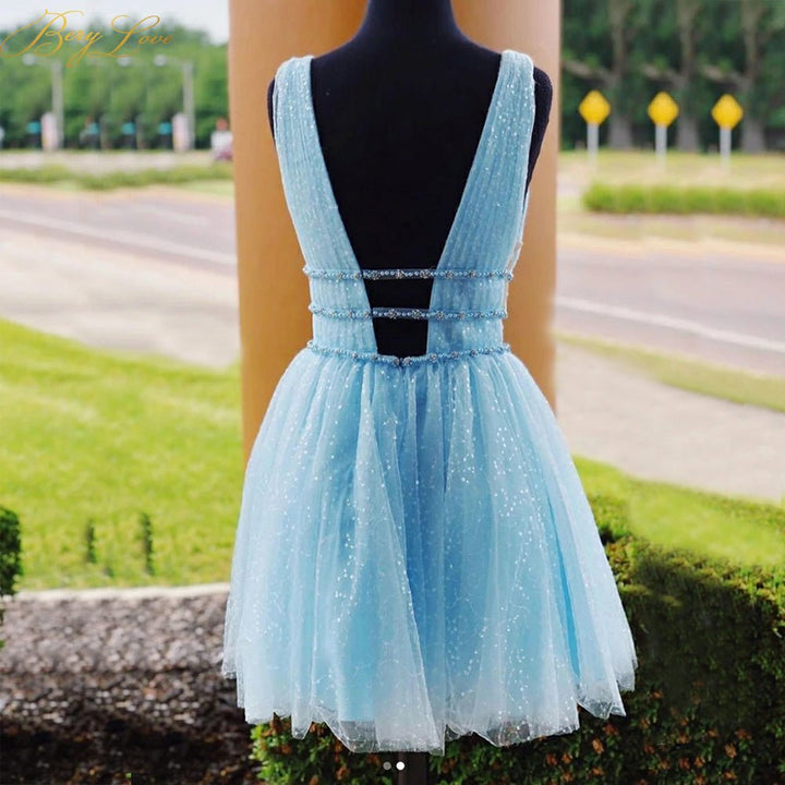 Koscy A Line Tulle V Neck Homecoming Dress With Beading