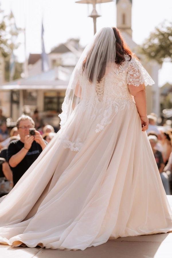 plus size short ivory wedding dresses Plus Size Ivory A-Line Wedding Dress V Neck Short Lace Sleeves 3D Floral Cathedral Train