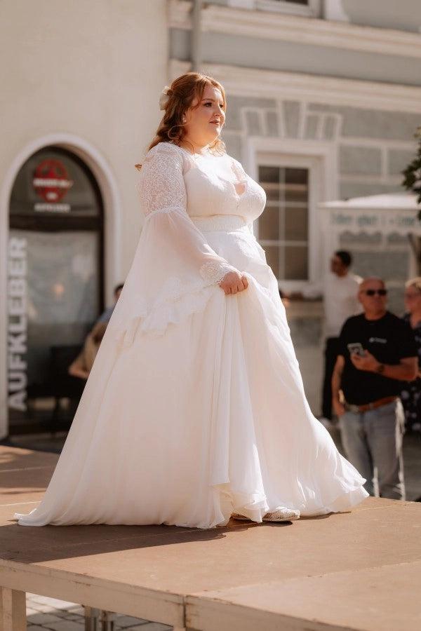 plus size white a line dresses A-Line Wedding Dress V Neck Long Bishop Sleeves Lace Boho Bridal Gown 90s Icon V Slip This clean dress can Orchid Size:Made to Measure