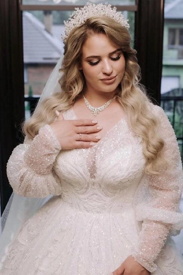 sequin wedding dress plus size White Ball Gown V Neck Long Puff Sleeves Pearl Beaded Luxury layer with a tailored La Femme Women's Floral Color:fuchsia E-commerce