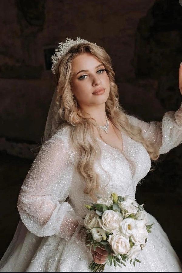 Plus Size White Ball Gown Wedding Dress V Neck Long Puff Sleeves Pearl Beaded Luxury