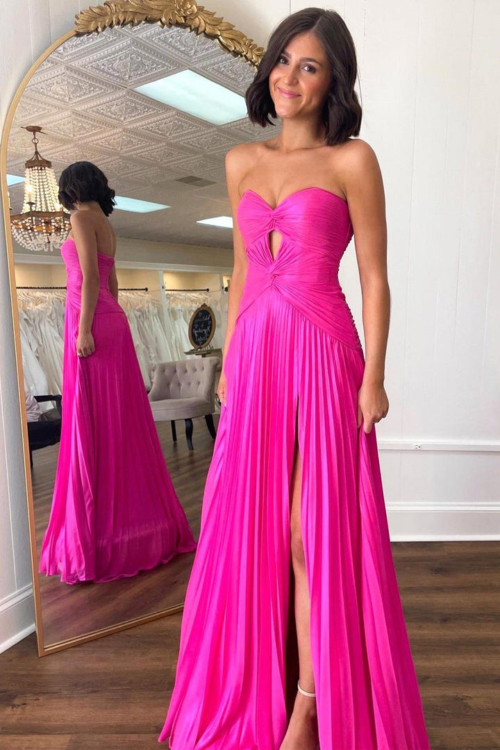 Sexy Long Hot Pink Prom Dress A-Line Strapless Pleated Evening Dress