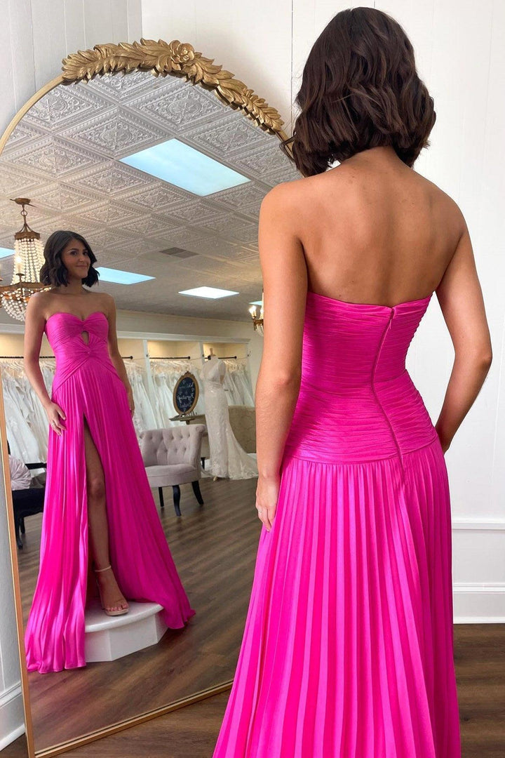 Sexy Long Hot Pink Prom Dress A-Line Strapless Pleated Evening Dress