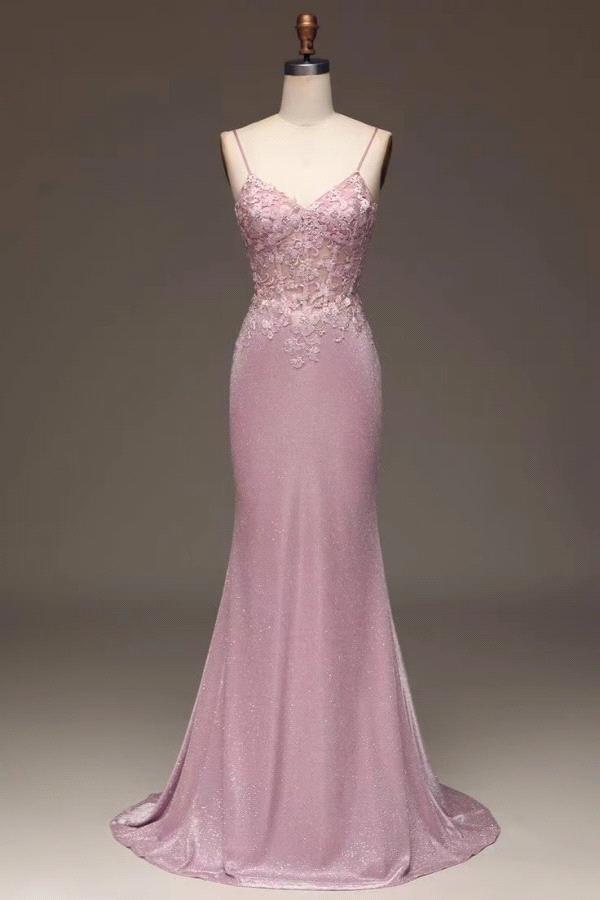 Stunning Pink Glitter Blushing Long Pink Mermaid Corset Prom Dress With Appliques