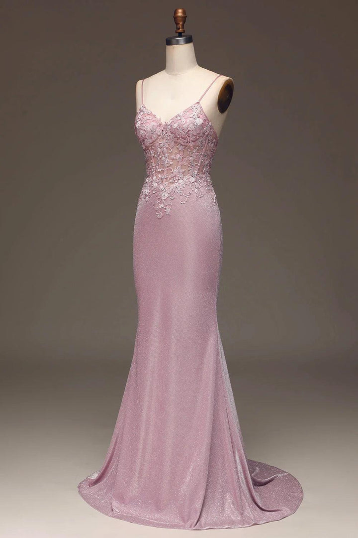 Stunning Pink Glitter Blushing Long Pink Mermaid Corset Prom Dress With Appliques