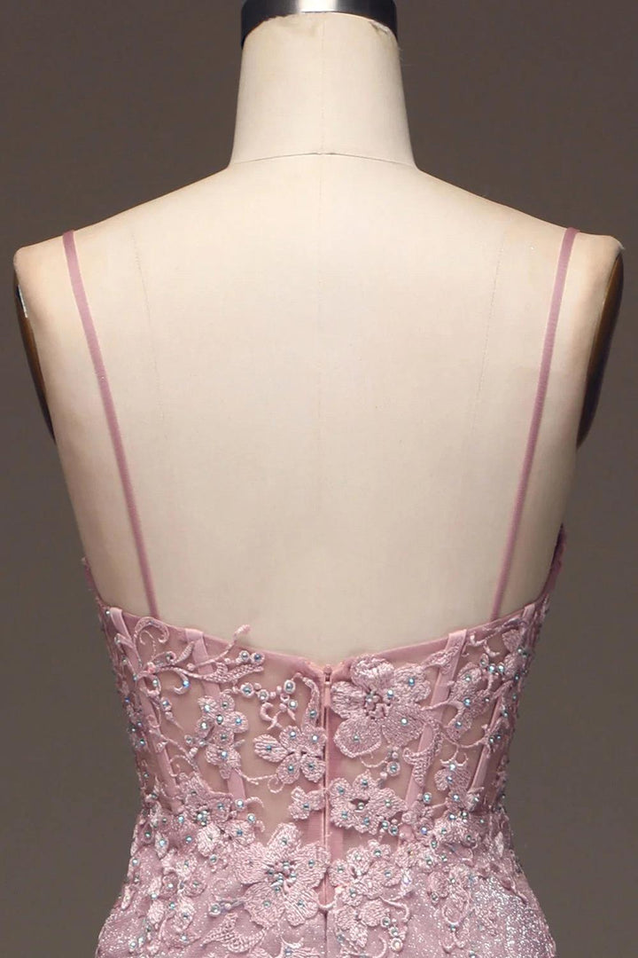 Stunning Pink Glitter Blushing Long Pink Mermaid Corset Prom Dress With Appliques