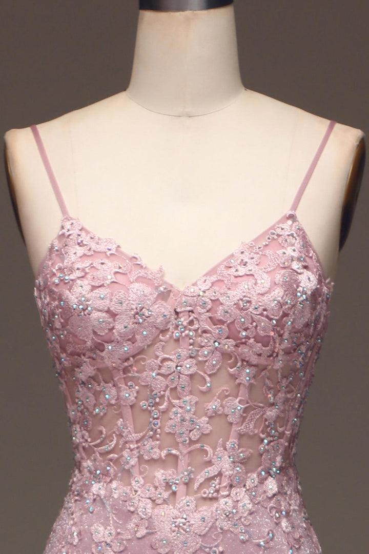 Stunning Pink Glitter Blushing Long Pink Mermaid Corset Prom Dress With Appliques