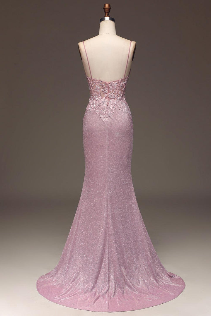 Stunning Pink Glitter Blushing Long Pink Mermaid Corset Prom Dress With Appliques