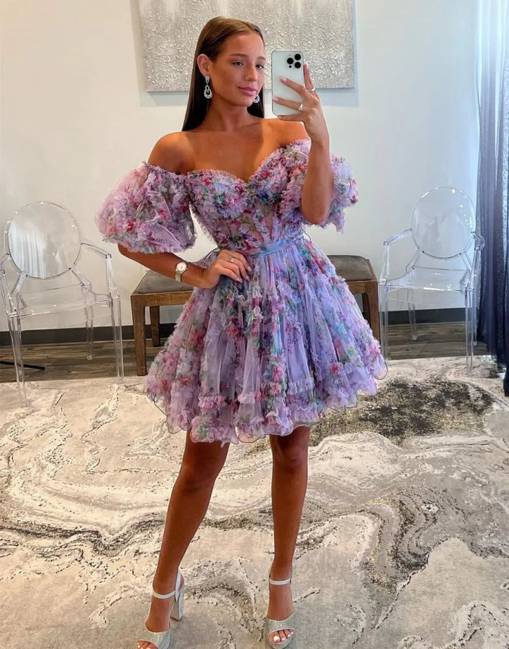 Koscy A Line Off the Shoulder Printed Homecoming Dress