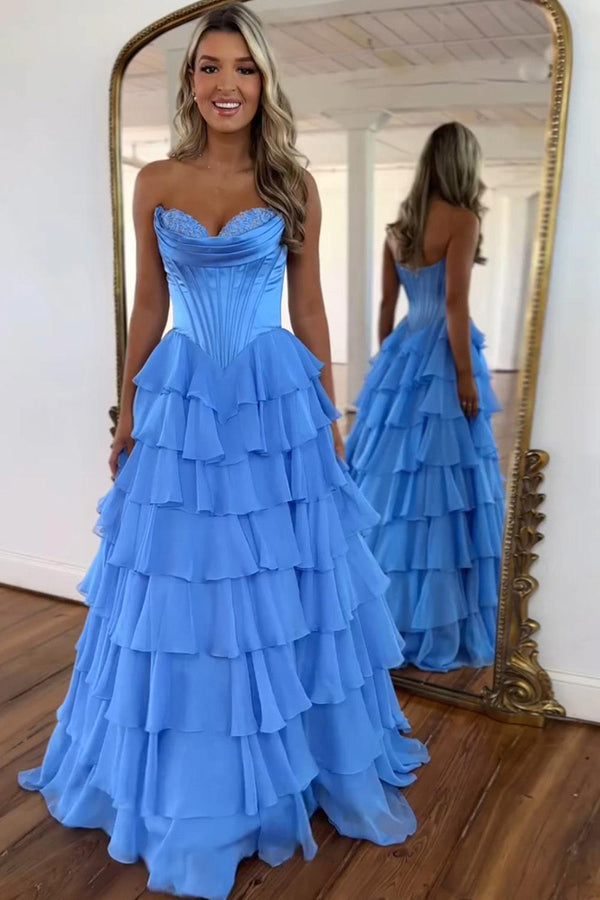 Sweetheart A-Line Blue Prom Dress Strapless Tiered Corset Long Evening Dress
