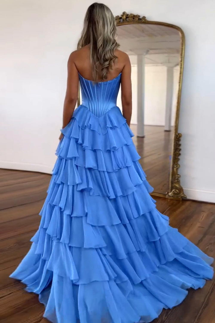 Sweetheart A-Line Blue Prom Dress Strapless Tiered Corset Long Evening Dress