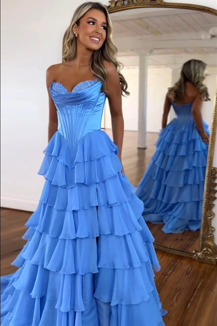 Sweetheart A-Line Blue Prom Dress Strapless Tiered Corset Long Evening Dress