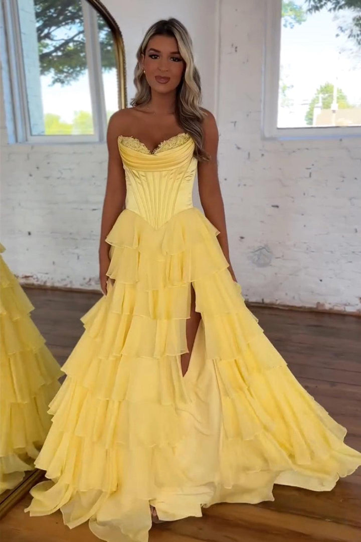 Sweetheart A-Line Blue Prom Dress Strapless Tiered Corset Long Evening Dress
