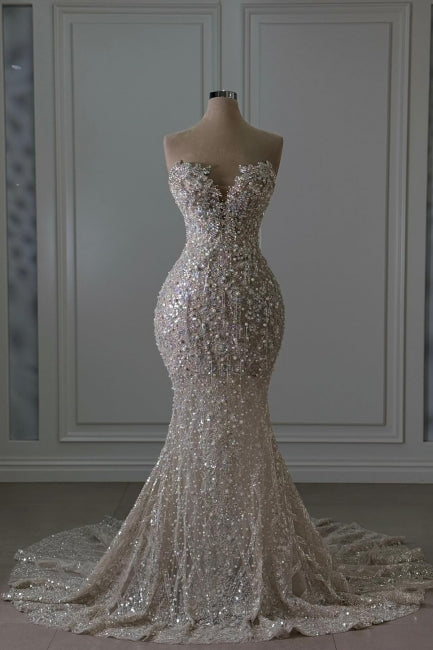 Beautiful Sweetheart Long Mermaid Sleeveless Beaded Lace Wedding Dress