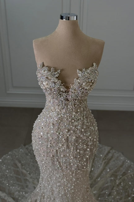 Beautiful Sweetheart Long Mermaid Sleeveless Beaded Lace Wedding Dress