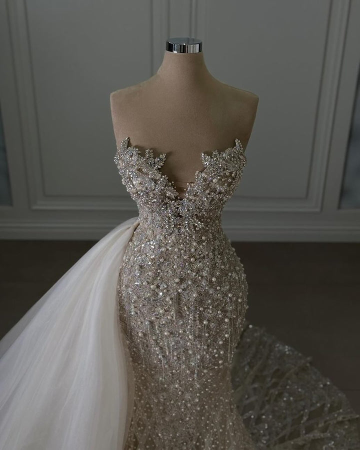 Beautiful Sweetheart Long Mermaid Sleeveless Beaded Lace Wedding Dress