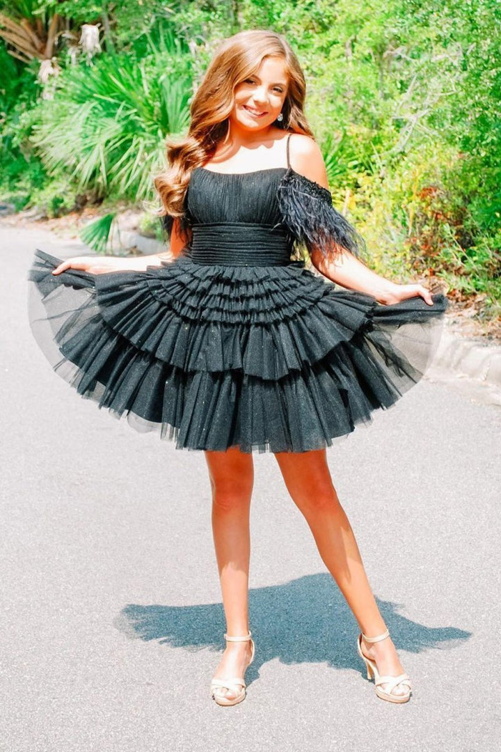 Koscy A Line Pink Glitter Tulle Homecoming Dress with Feather