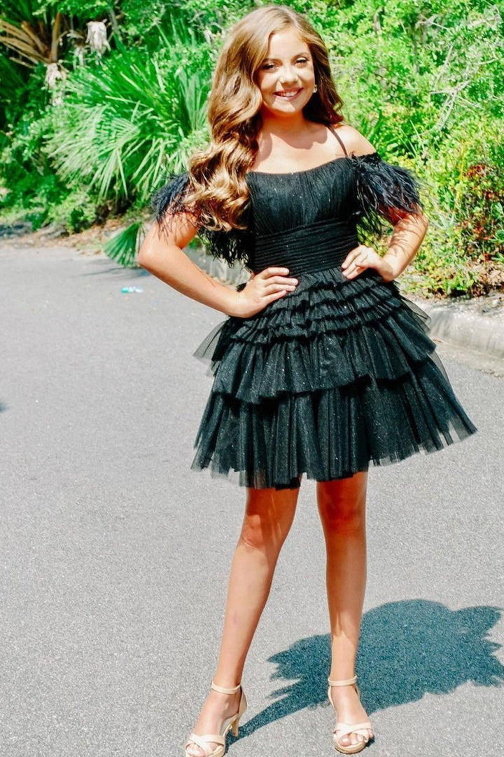Koscy A Line Pink Glitter Tulle Homecoming Dress with Feather