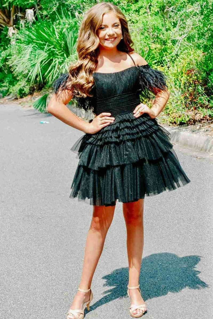 Koscy A Line Pink Glitter Tulle Homecoming Dress with Feather