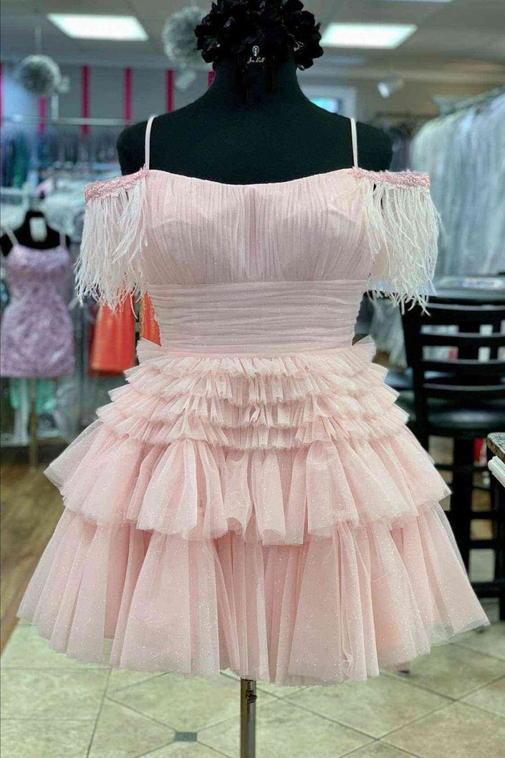Koscy A Line Pink Glitter Tulle Homecoming Dress with Feather