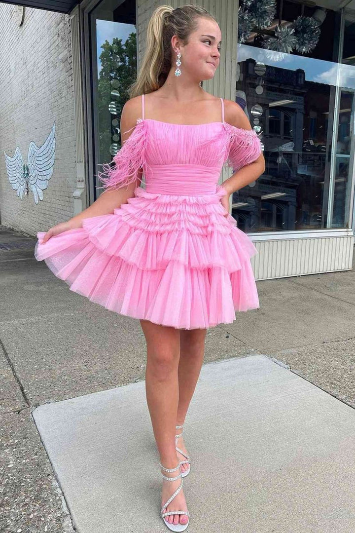 Koscy A Line Pink Glitter Tulle Homecoming Dress with Feather