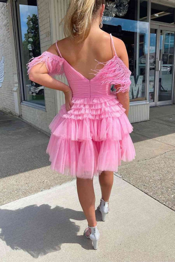 Koscy A Line Pink Glitter Tulle Homecoming Dress with Feather