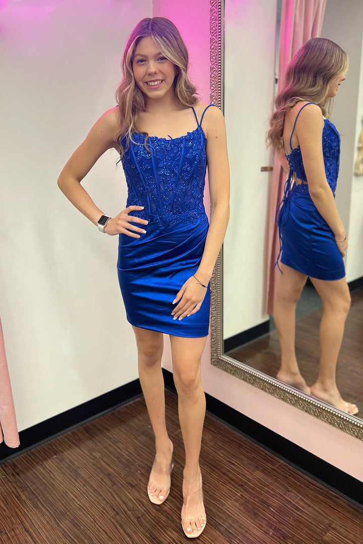 Koscy Sheath Spaghetti Straps Corset Homecoming Dress with Appliques