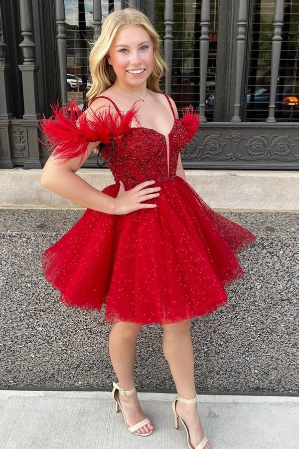 Koscy A Line Sparkling Tulle Corset Homecoming Dress with Feathers