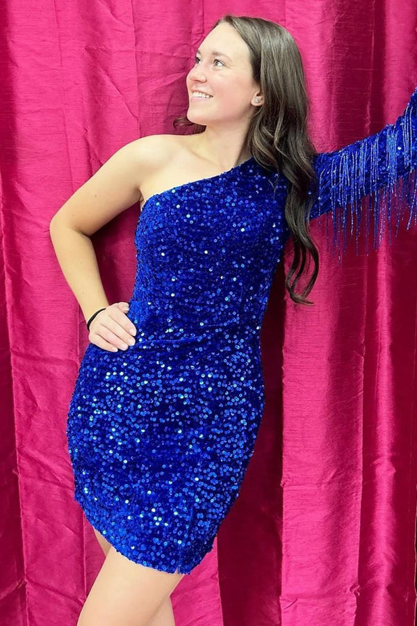 Koscy Bodycon One Shoulder Homecoming Dress with Tassel